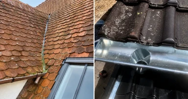 Contrôle d'une toiture moussue près d'un Velux et gouttière en zinc neuve avec naissance de descente à Sélestat